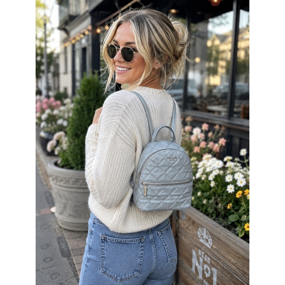 Kate Spade Natalia Mini Convertible Backpack Brushed Steel Gray Quilted‎ Leather